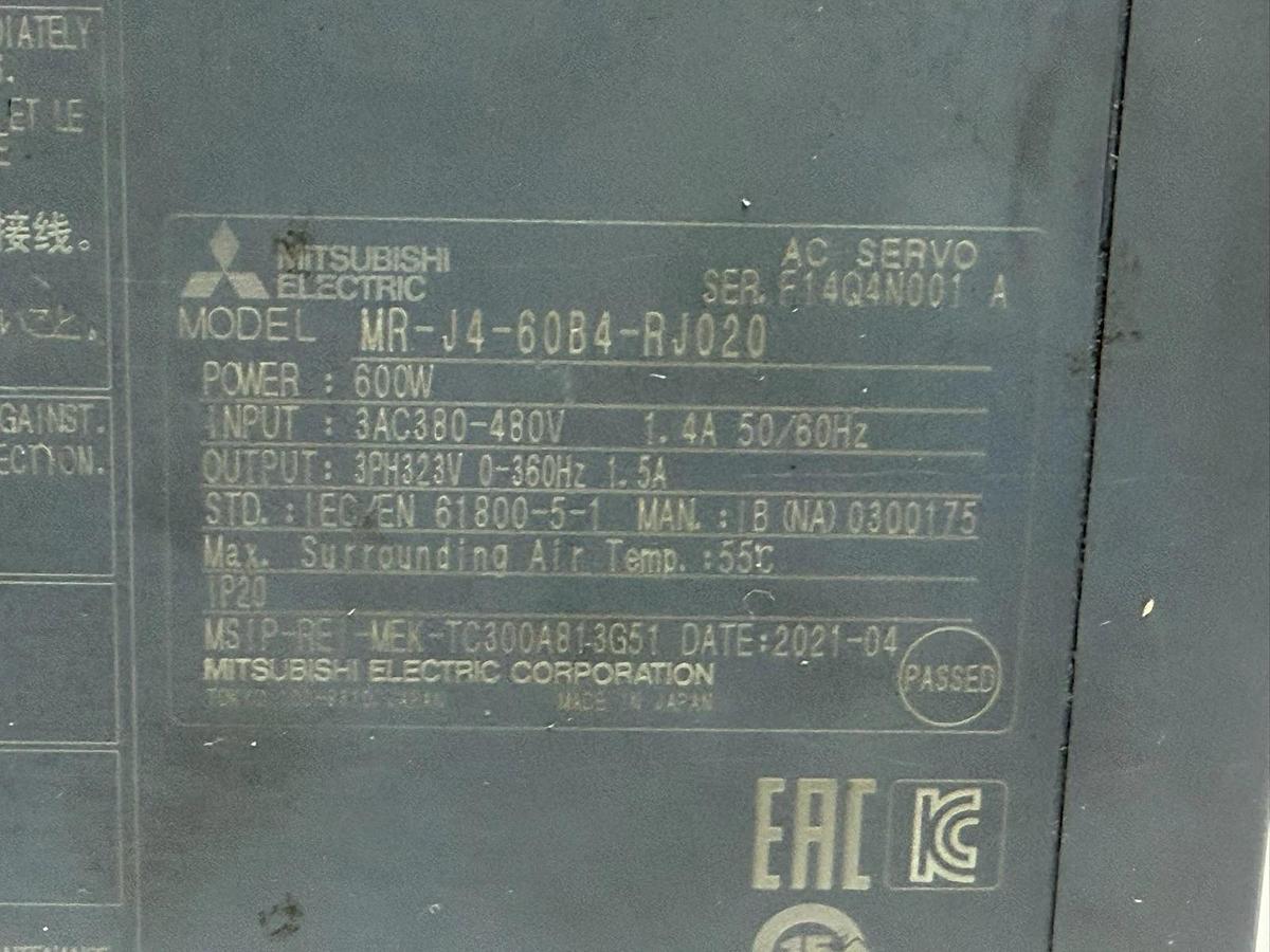 Used Mitsubishi MR-J4-60B4-RJ020 AC Servo Drive 600W 400V w/ MR-J4-T20 Unit Assembly