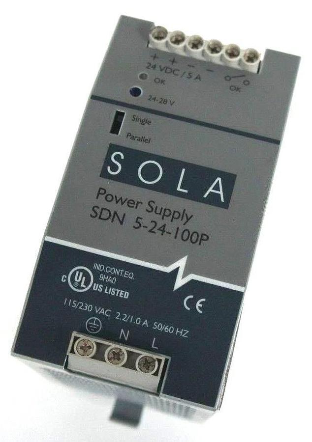 Used SOLA ELECTRIC SDN 5-24-100P POWER SUPPLY 24VDC/5A 115/230VAC SDN524100P