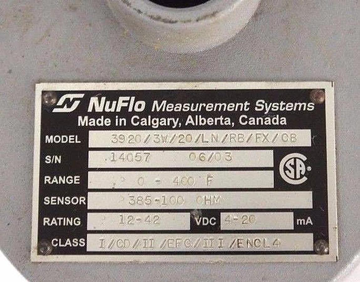 Used NUFLO 3920/3W/20/LN/RB/FX/CB TRANSMITTER TEMPERATURE THERMOCOUPLE 0-400F