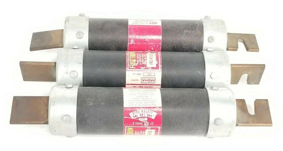 Used LOT OF 3 BUSSMANN FRS-R-125 FUSETRON DUAL-ELEMENT FUSES 600V, 125A, FRSR125