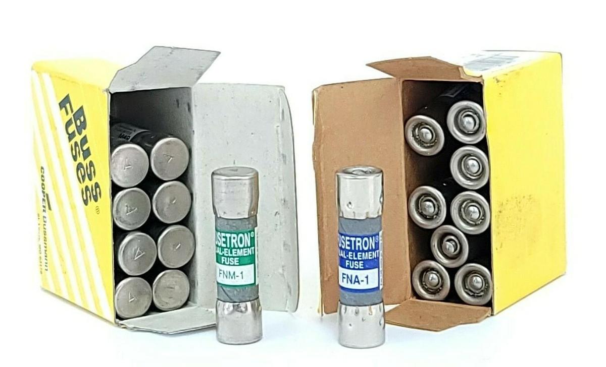 LOT OF 9 NEW COOPER BUSSMANN FNM-1 & 9 NEW FNA-1 FUSETRON FUSES