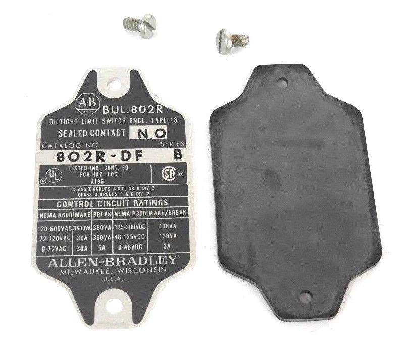 Used NEW ALLEN BRADLEY 802R-DF SER. B LIMIT SWITCH PLATE 802RDF