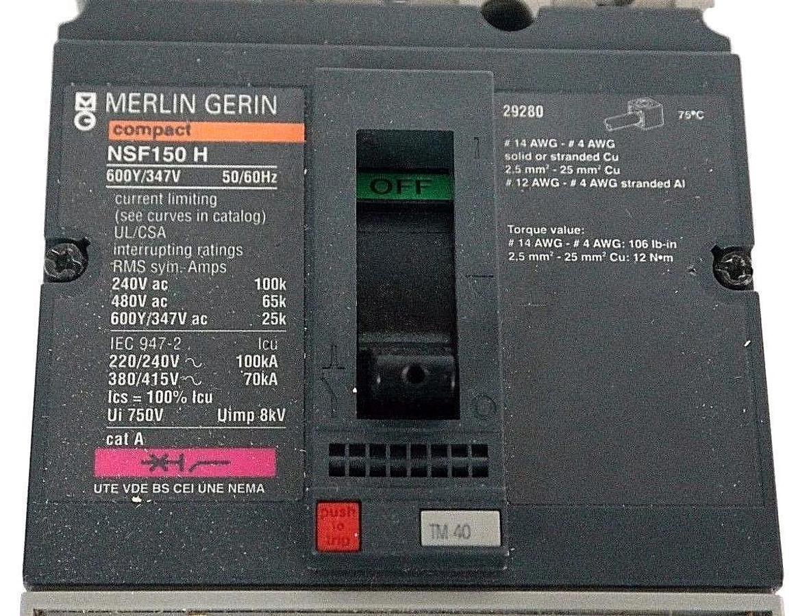Used NIB MERLIN GERIN NFHL36040 MOLDED CASE CIRCUIT BREAKER 40A, 3P, 240/480V