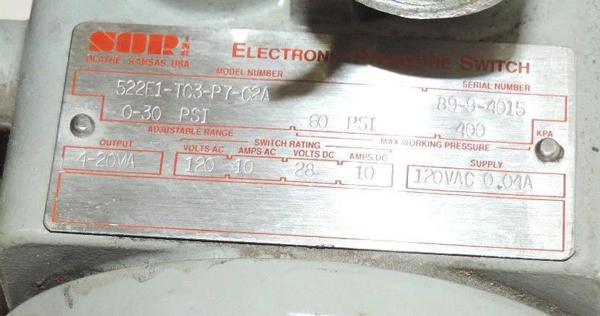 Used SOR 522E1-TC3-P7-C2A PRESSURE SWITCH 120VAC 0.04A, OUTPUT 4-20MA