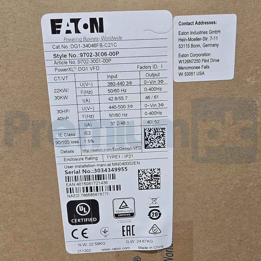 Eaton DG1-34046FB-C21C PowerXL DG1 VFD Drive 30HP 400V 3Ph 9702-3006-00P NSFS