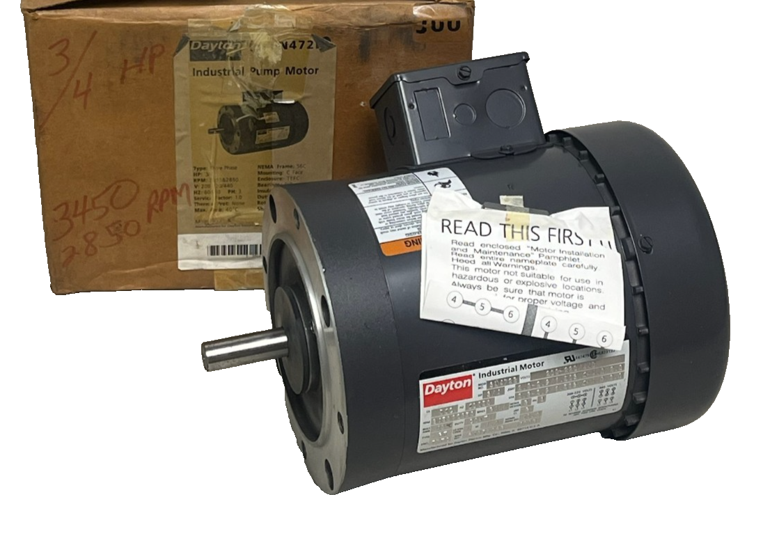 Used Dayton 3N472B AC Motor | 3/4 HP 3450 RPM | 3-Phase 208-220/440V | 56C TEFC