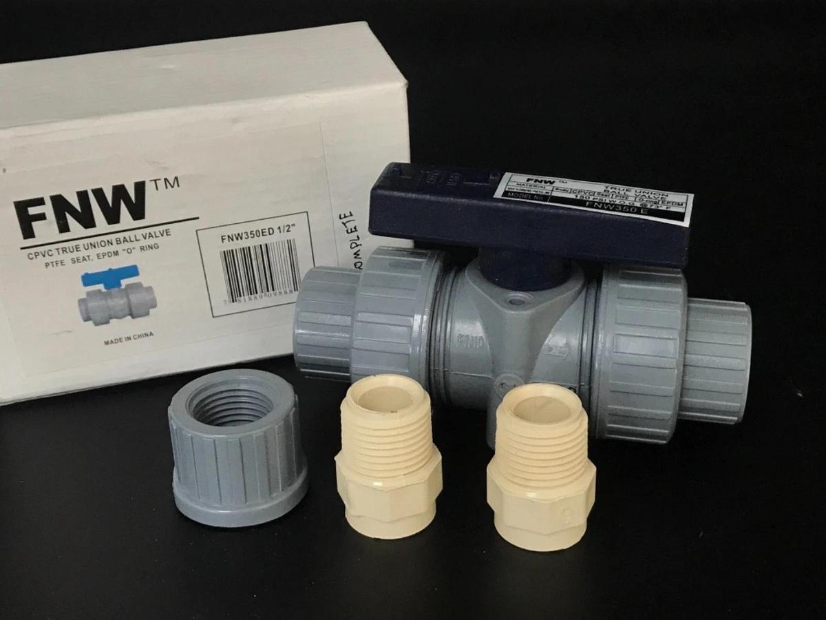 Used NIB FNW FNW350ED 1/2" CPVC TRUE UNION BALL VALVE 150PSI, FNW350E *MISSING PART*