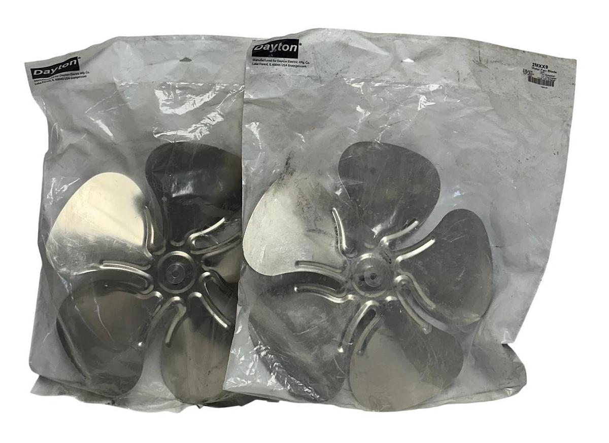 Used 2 DAYTON 2MXX9 METAL FAN BLADES / IMPELLERS 5-BLADE 12'' DIAMETER CW 5/16'' NSFS