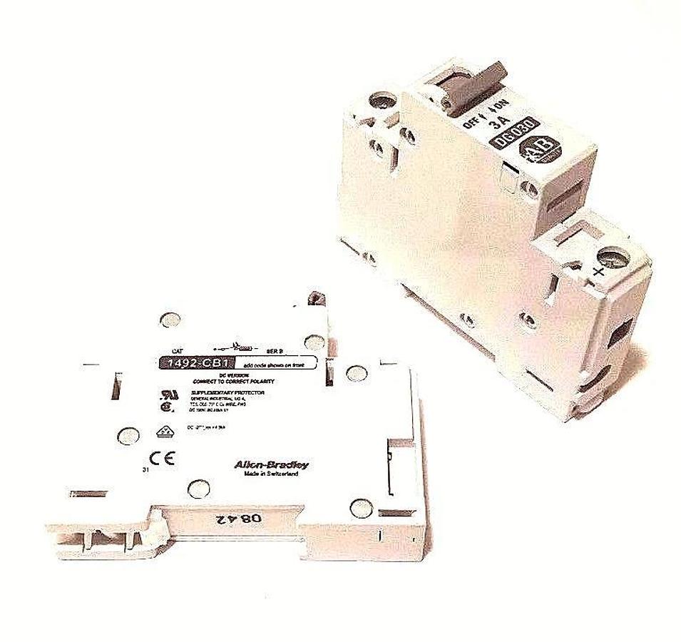 Used LOT OF 2 ALLEN BRADLEY 1492-CB1-DG030 CIRCUIT BREAKERS 3A, SER. B, 1492CB1DG0