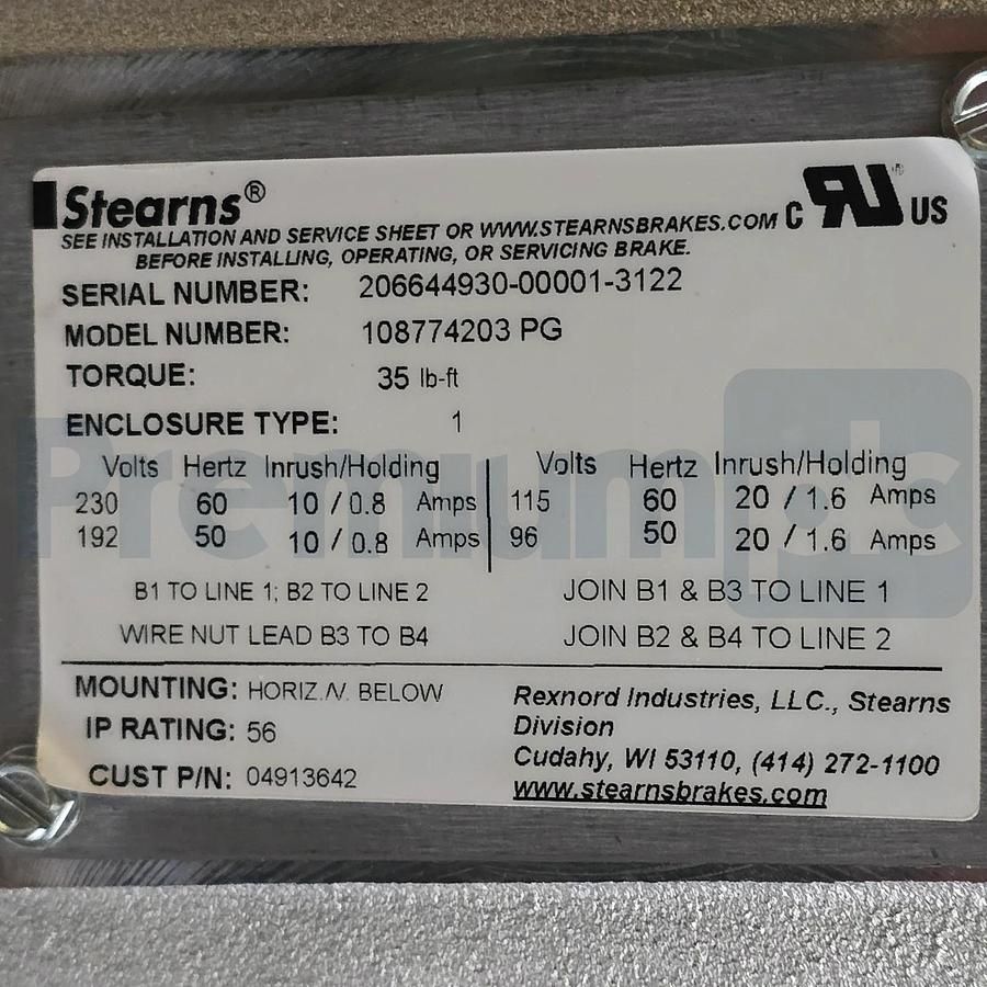 Stearns 108774203 PG Coupler Brake 87700 Series 35lb-ft 115/230V 1-087-742-03-PG