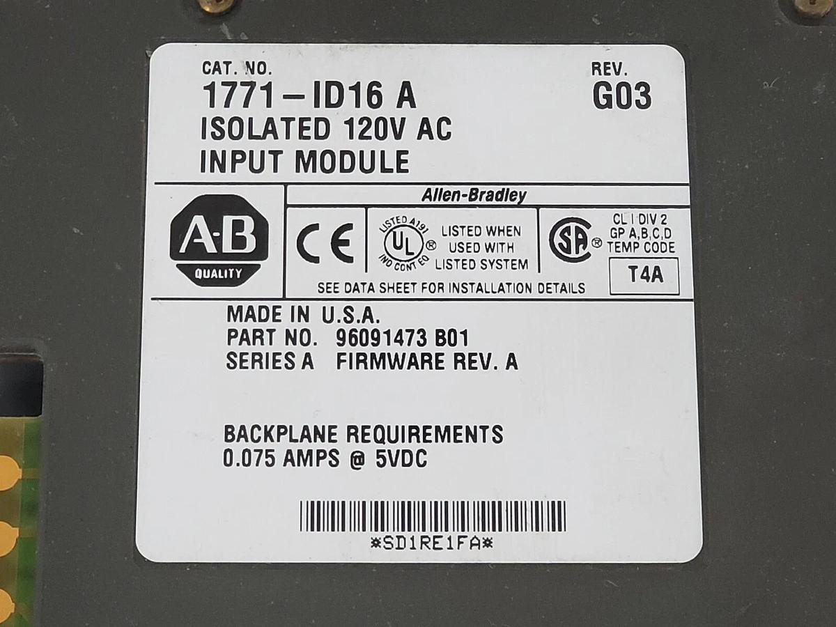 Used ALLEN BRADLEY 1771-ID16 SER. A REV. G03 INPUT MODULE P/N 96091473 B01 F/W REV. A