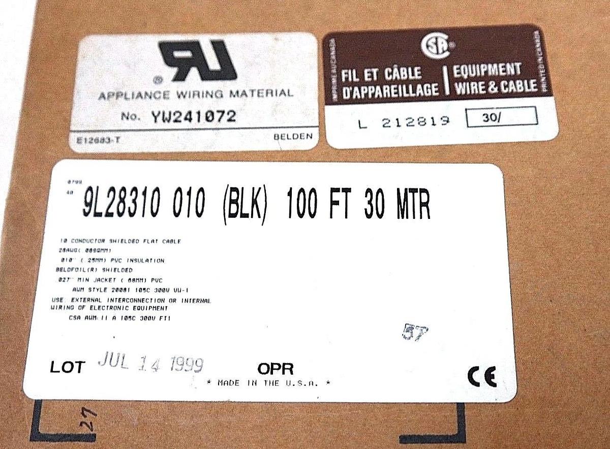 Used BELDEN 9L28310 010 100 FT 5.200 LB BLACK E 10 #28 PVC FS PVC RIBBON 9L28310 NIB