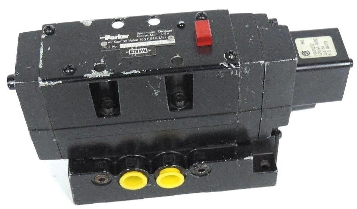 Used PARKER 4510BD20ABAE53 VALVE 40-150 PSI W/ L0030153 VALVE COIL 6.2 WATTS