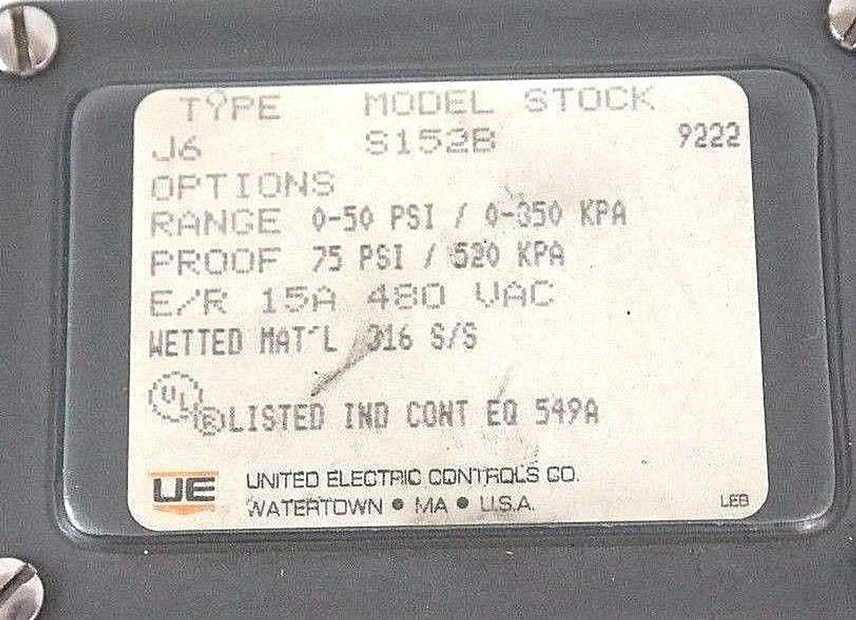 Used NEW UNITED ELECTRIC J6-S152B PRESSURE SWITCH J6S152B, 0-50PSI RANGE