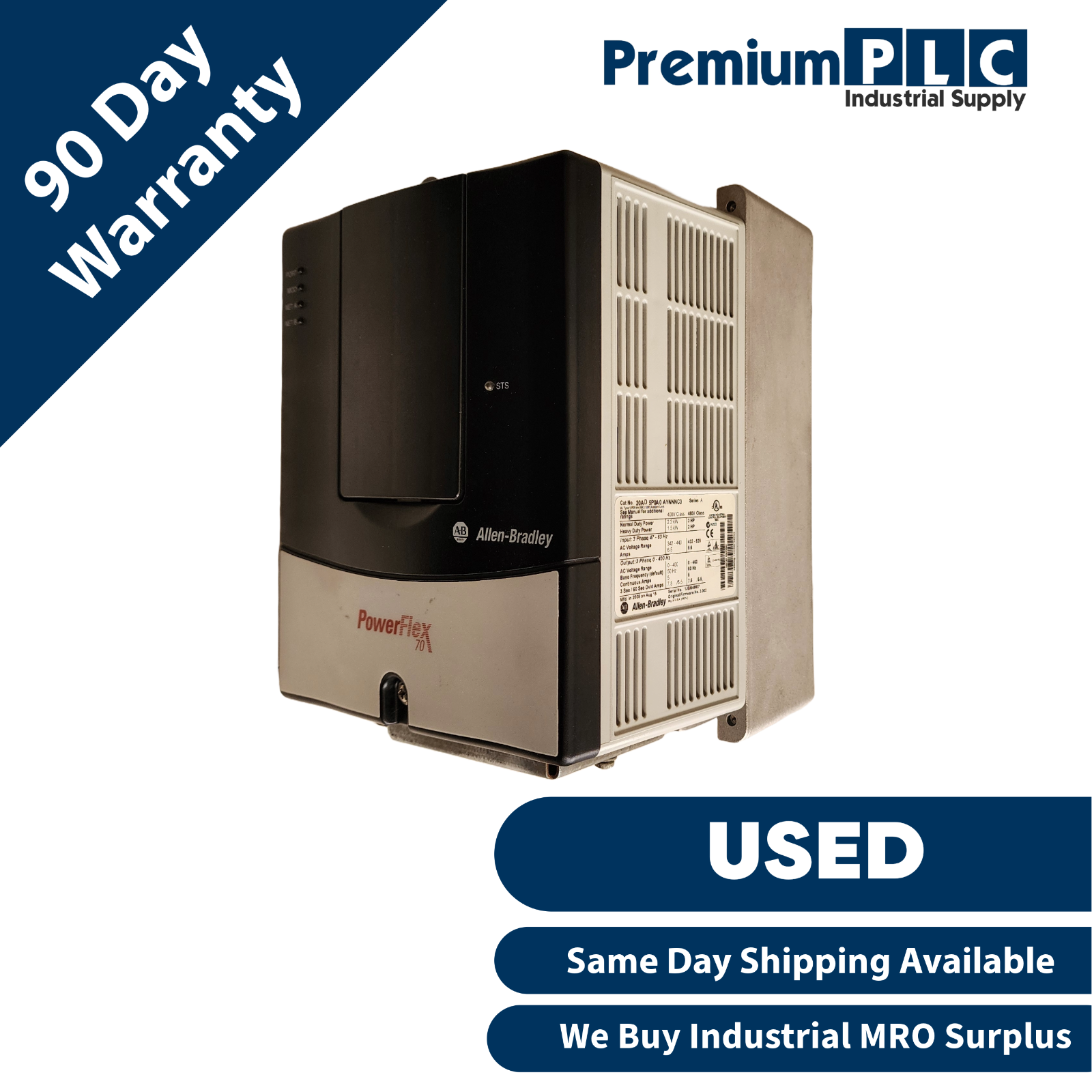 Used ALLEN BRADLEY 20AD5P0A0AYNNNC0 /A POWERFLEX 70 AC DRIVE 3HP W/ 20-COMM-R MODULE