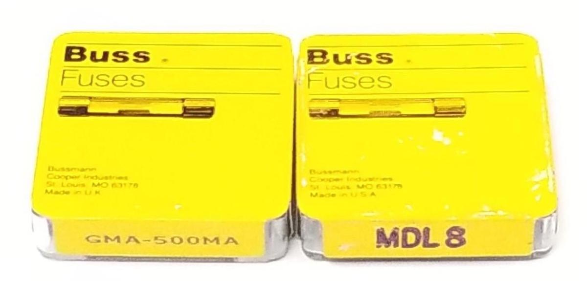 Used LOT OF (5) NEW COOPER BUSSMANN MDL8 & (5) GMA-500MA FUSES