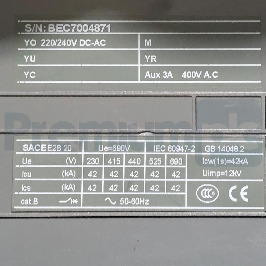 Used ABB 1SDA055831R1 SACE E2B 20 2000A 3P Emax Circuit Breaker w/PR123/P-LSIG Trip