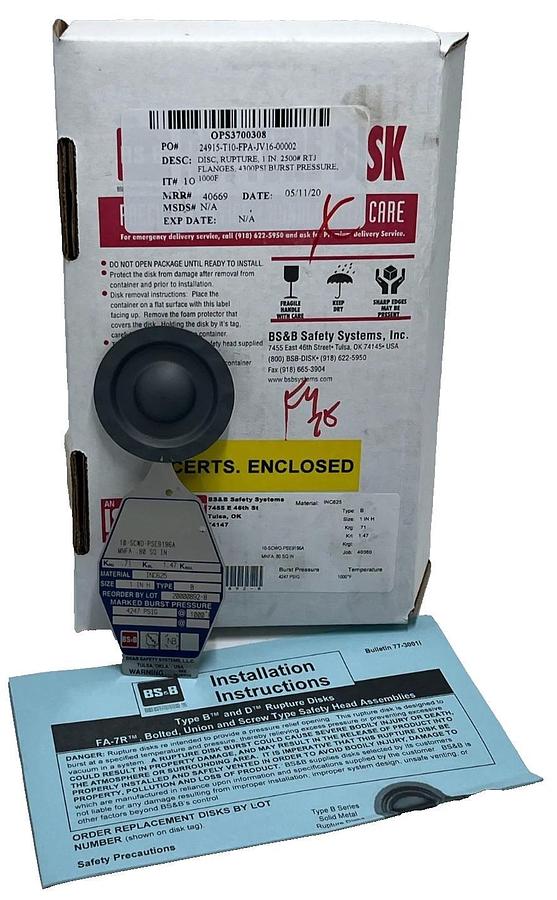 BS&B 1" Rupture Disk Type B INC625 4247 PSIG KRG .71 KRL 1.47 10-SCWO-PSE9196A