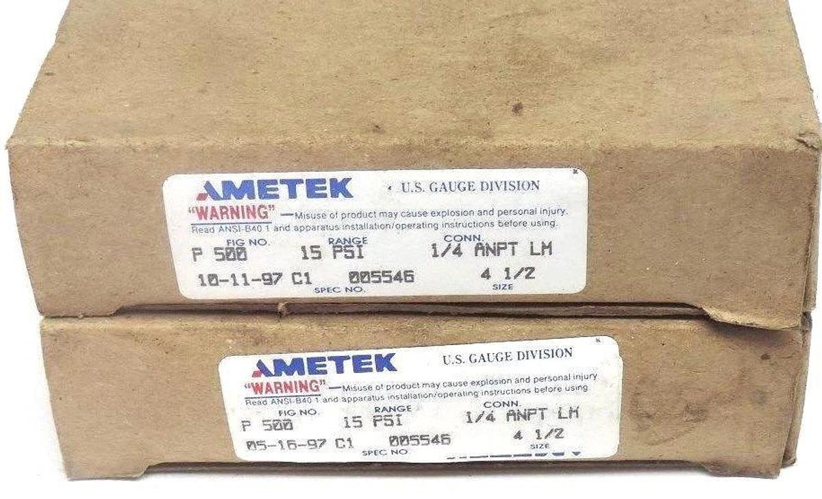 Used LOT OF 3 NIB AMETEK 005546 PRESSURE GAUGES FIG. NO. P 500 RANGE: 15 PSI, 4-1/2''
