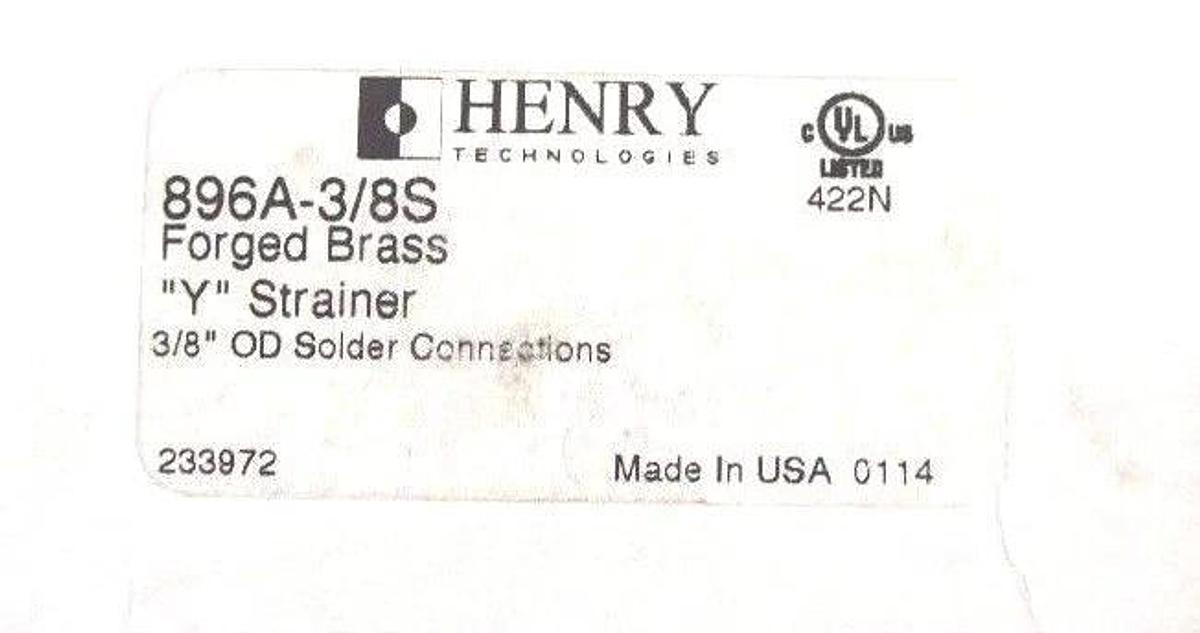 Used NIB HENRY 896A-3/8S FORGED BRASS "Y" STRAINER 3/8" OD SOLDER CONNECTION