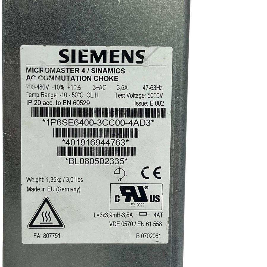 Used Siemens 6SE6400-3CC00-4AD3 AC Commutation Choke Line Reactor - Tested Spare