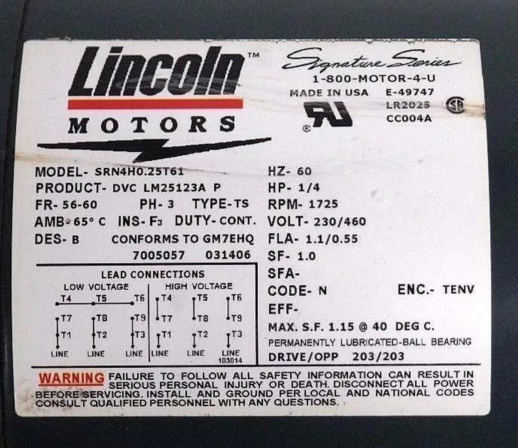 LINCOLN SRN4H0.25T61 MOTOR DVC LM25123A P FR:56-60 PH:3 TYPE:TS PRM:1725 60HZ
