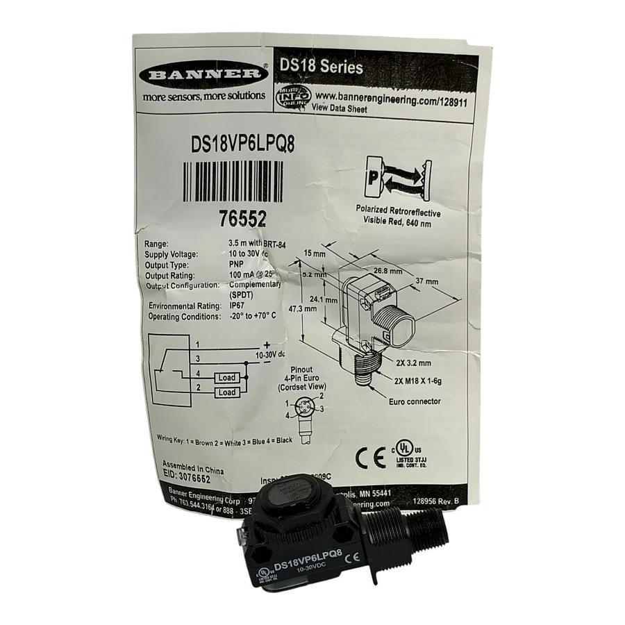 Banner Engineering DS18VP6LPQ8 Polarized Retroreflective Sensor New