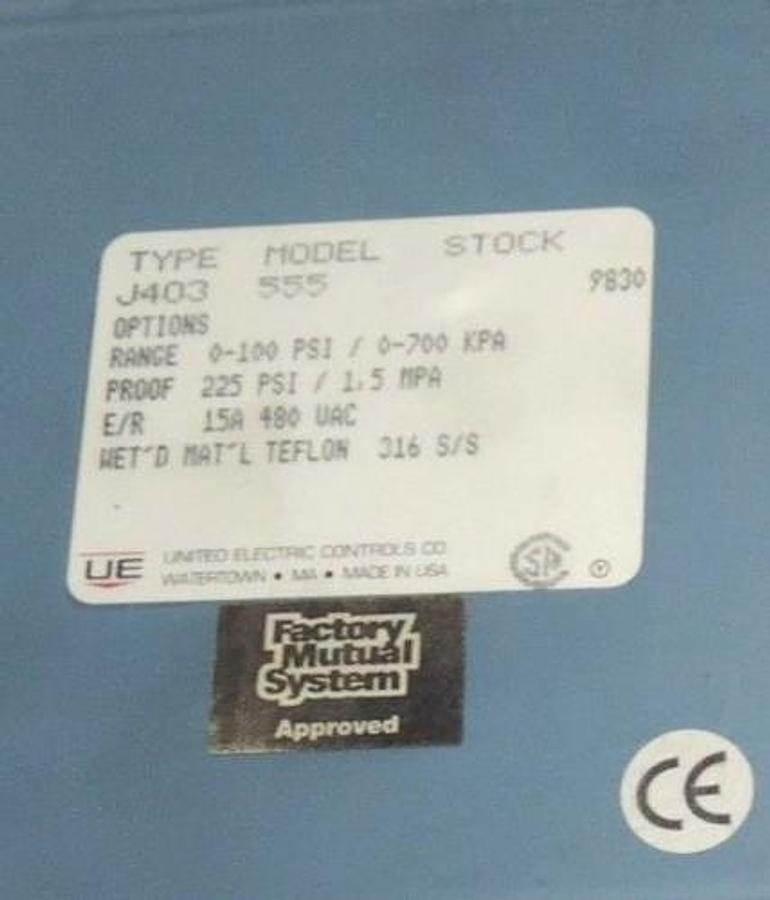 Used NEW UNITED ELECTRIC TYPE J403 MODEL 555 PRESSURE SWITCH J403555 RANGE: 0-100 PSI