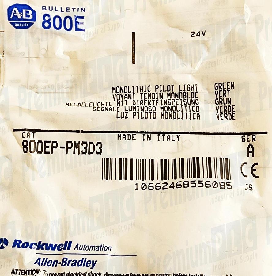Used NEW BOX OF 3 ALLEN BRADLEY 800EP-PM3D3 /A GREEN PILOT LIGHT 22mm 24V