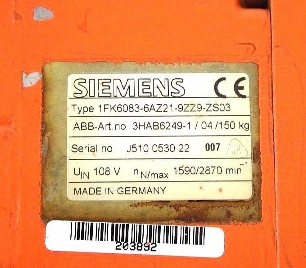 Used SIEMENS 1FK6083-6AZ21-9ZZ9-ZS03 SERVO MOTOR, AB-ART. NO 3HAB6249-1 /04/150KG