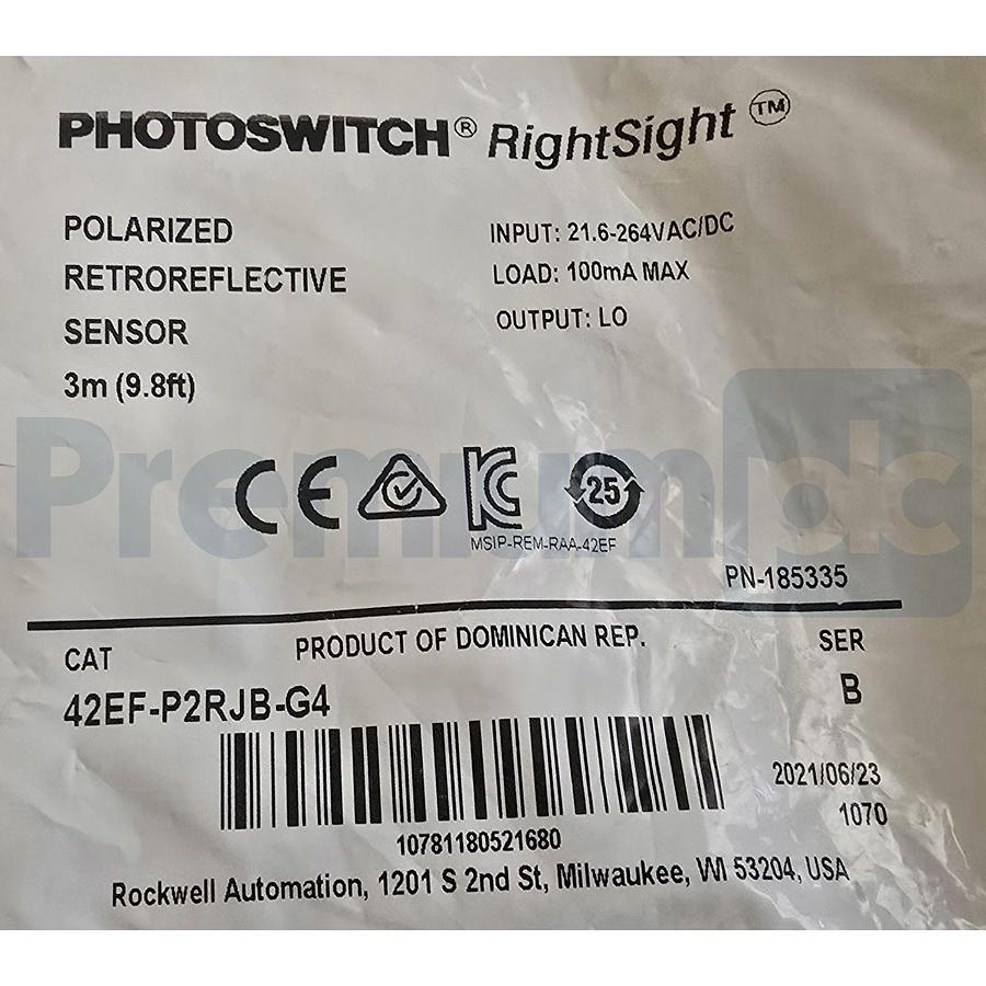 Used Allen Bradley 42EF-P2RJB-G4 /B RightSight Photoelectric Sensor 3m NSMP (read)
