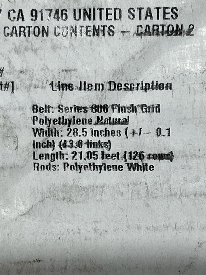 Used New Intralox 800 Series Natural Polyethylene Flush Grid Belt 28.5" W x 21.05' L
