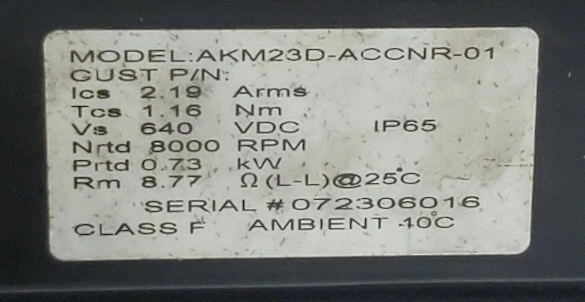 Used DANAHER MOTION SERVER MOTOR 3 PM RM: 8.77 ICS 2.19 ARMS 8000 RPM AKM23D-ACCNR-01