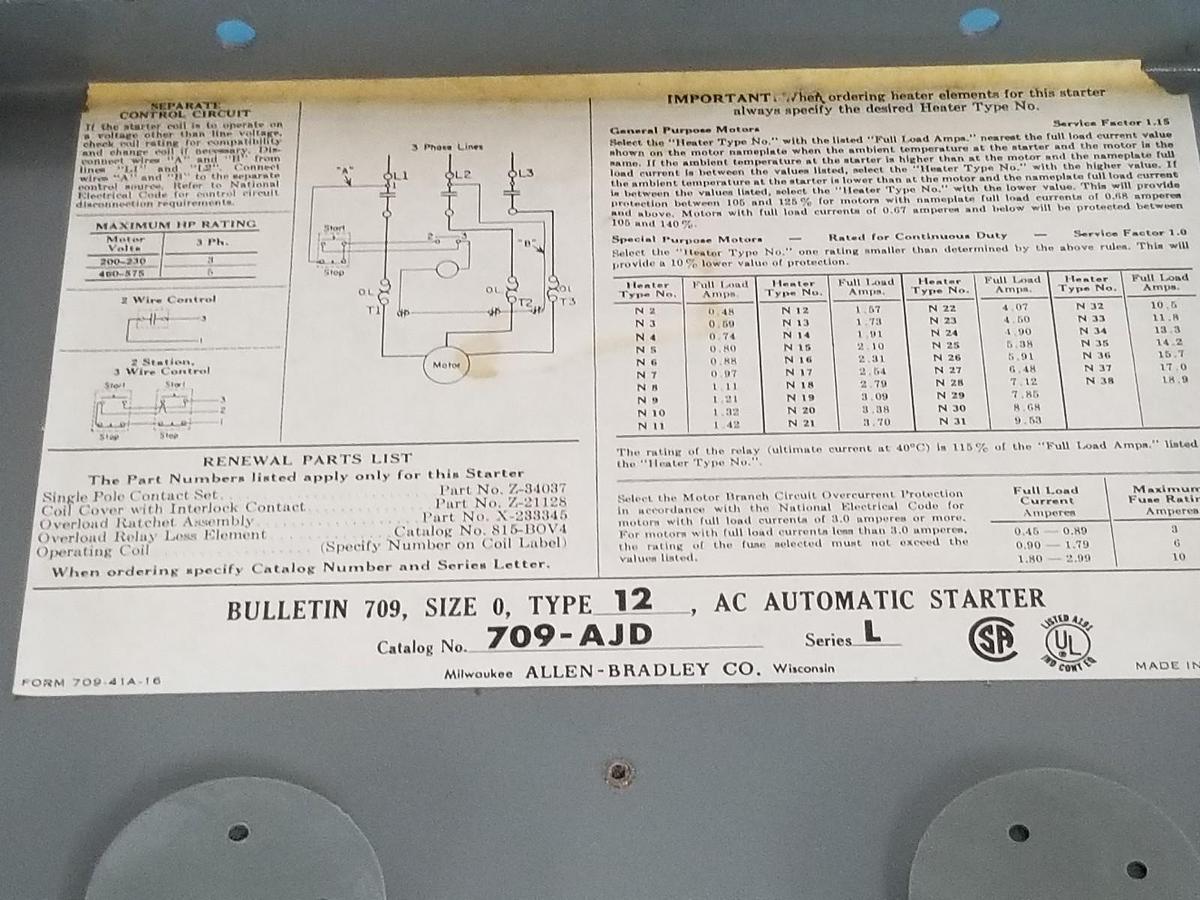 Used NEW ALLEN BRADLEY 709-AJD AUTOMATIC STARTER SER. L 709-A0D103 , 70A86 120V, 60HZ