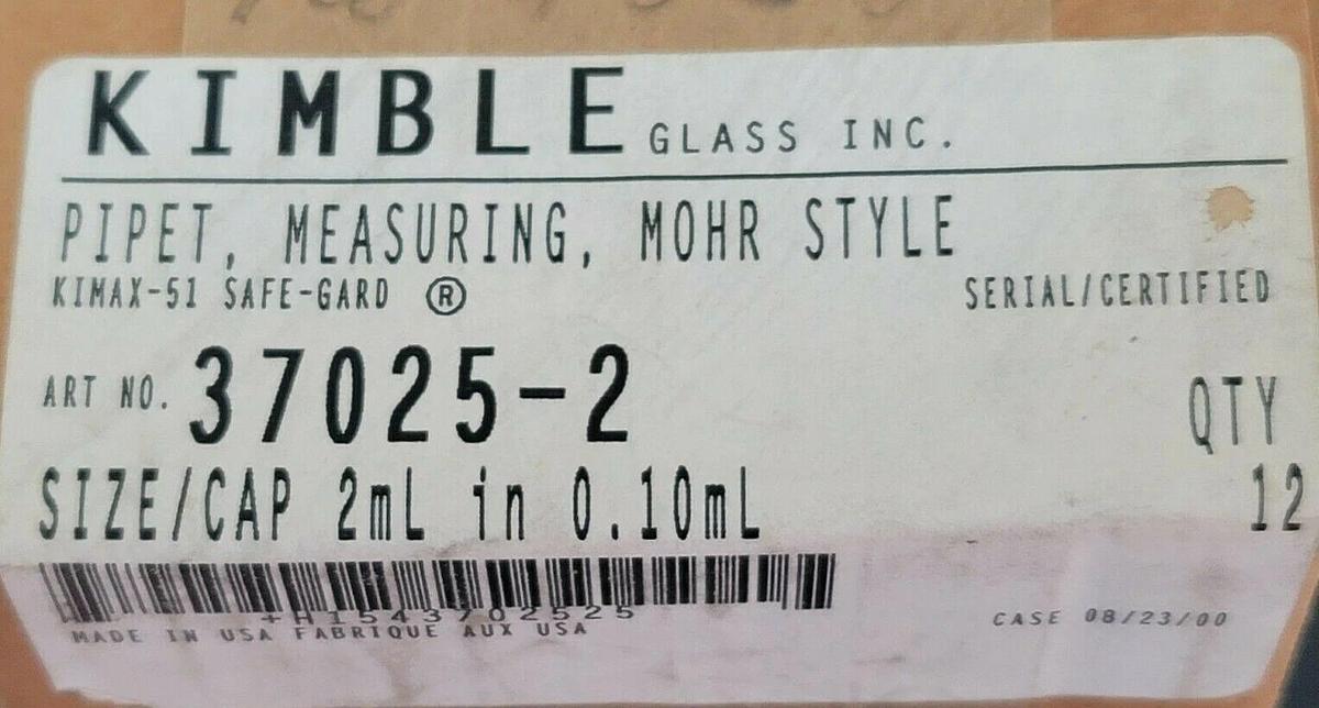Used BOX OF 12 SEALED KIMBLE GLASS INC. 37025-2 PIPET, MEASURING, MOHR STYLE 2mL IN 0