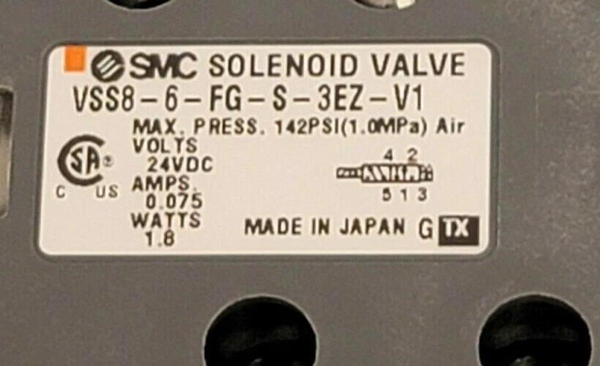 Used NEW SMC VSS8-6-FG-S-3EZ-V1 SOLENOID VALVE 24 VDC 0.075 AMP 1.8 W