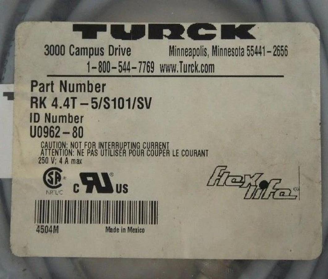 NEW TURCK RK 4.4T-5/S101/SV CORDSET U0962-80 RK44T5S101SV