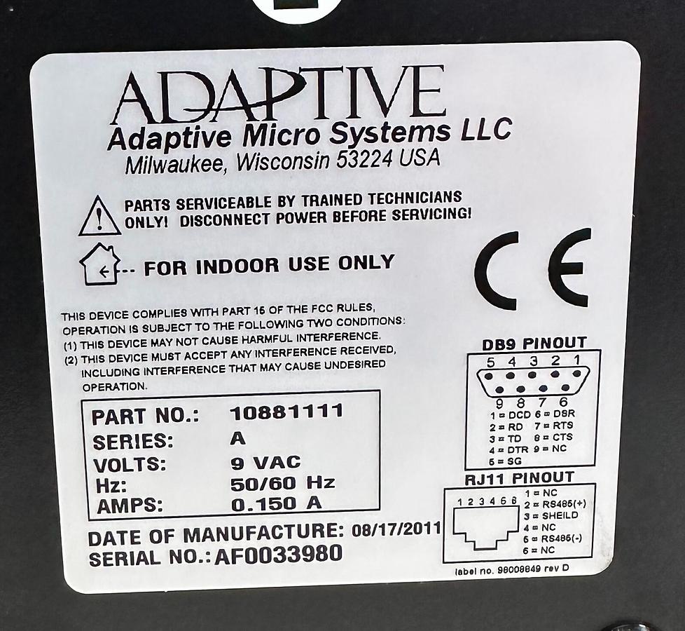 Used NEW ADAPTIVE MICRO SYSTEMS 10881111 SER. A RS-232/RS-485 CONVERTER 50/60Hz