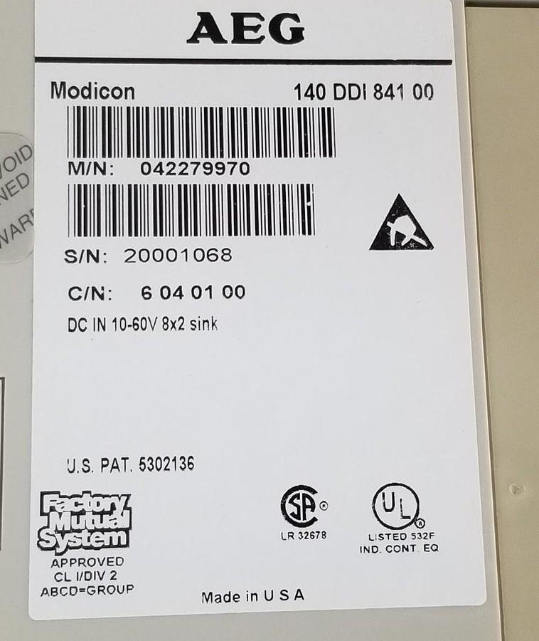 Used AEG / MODICON 140 DDI 841 00 INPUT MODULE 042279970 C/N: 6 04 01 00 10-60V