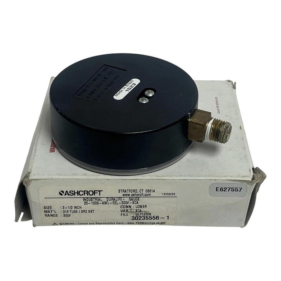 Used Ashcroft 35-W1005P-02L-XUL Pressure Gauge 3.5" Dial 1/4 NPT - Spare w/ Box