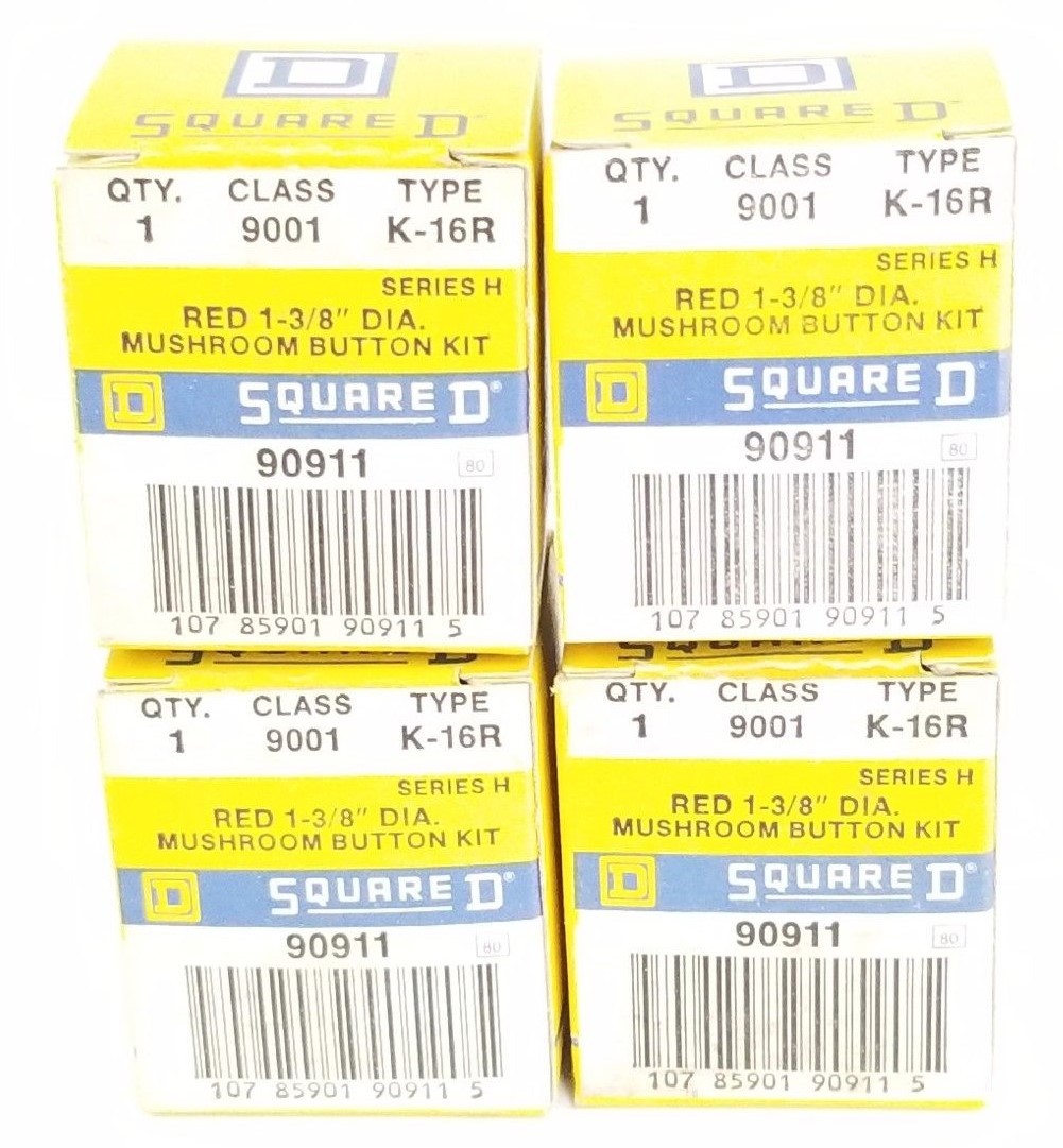 LOT OF 4 NIB SQUARE D 9001K16R RED 1-3/8 DIA. MUSHROOM BUTTON KITS 9001-K-16R