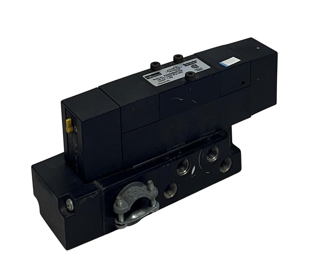 Used SCHRADER BELLOWS PARKER F32VXBK019A PNEUMATIC SOLENOID VALVE 24VDC 145PSI USNP