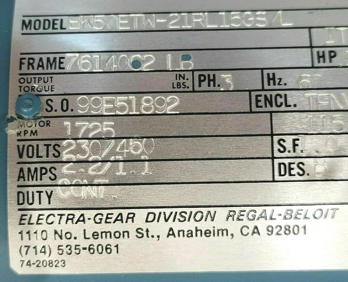 Used NIB ELECTRA-GEAR EK50ETW-21RL15GS/L GEAR REDUCER W/ 21RL15GS/L