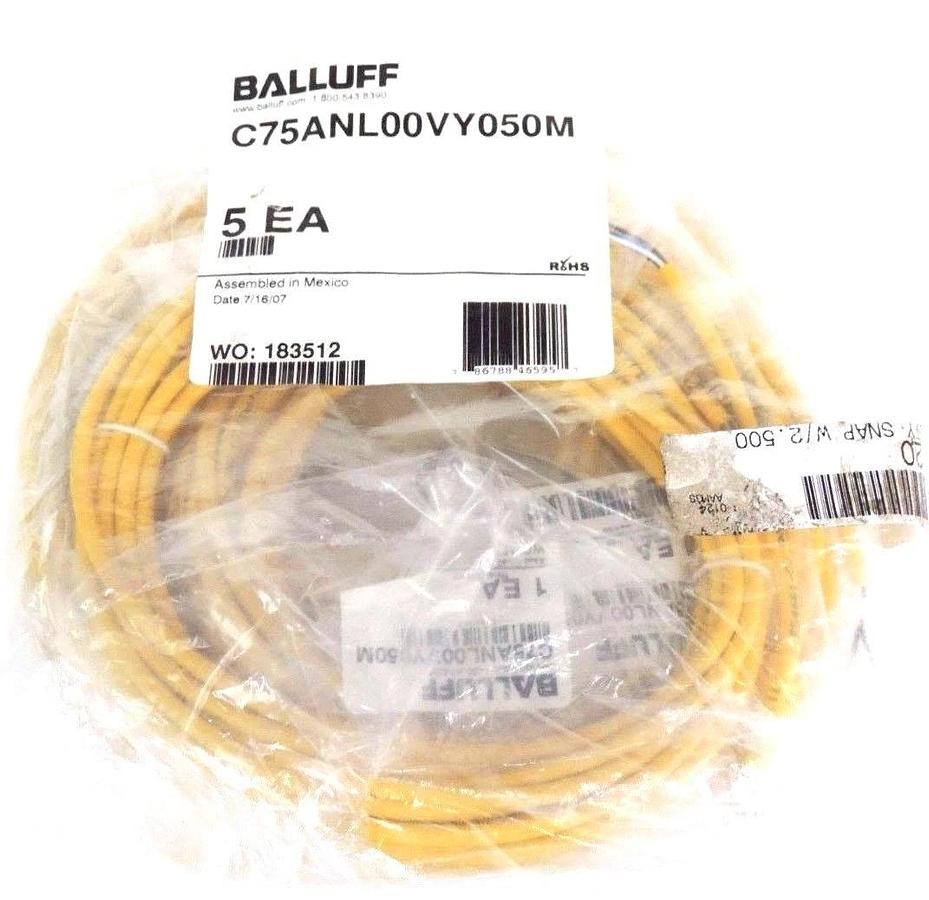 Used LOT OF 5 NEW BALLUFF C75ANL00VY050M STRAIGHT CABLE QD CONNECTORS