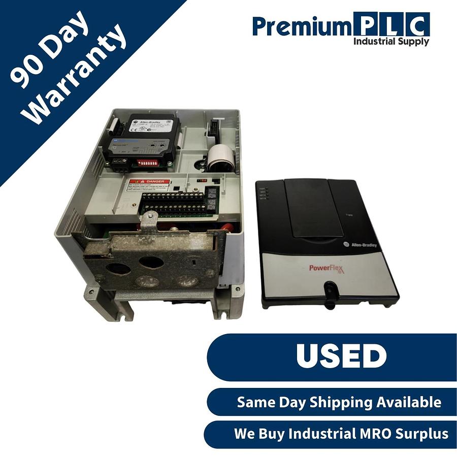 Used ALLEN BRADLEY 20AD5P0A0AYNNNC0 /A POWERFLEX 70 AC DRIVE 3HP W/ 20-COMM-R MODULE