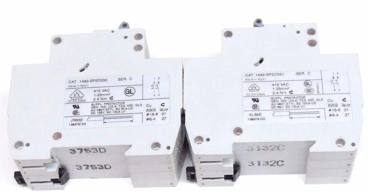 Used LOT OF 2 ALLEN BRADLEY 1492-SP2C020 & 1492-SP2D030 CIRCUIT BREAKERS SER. C