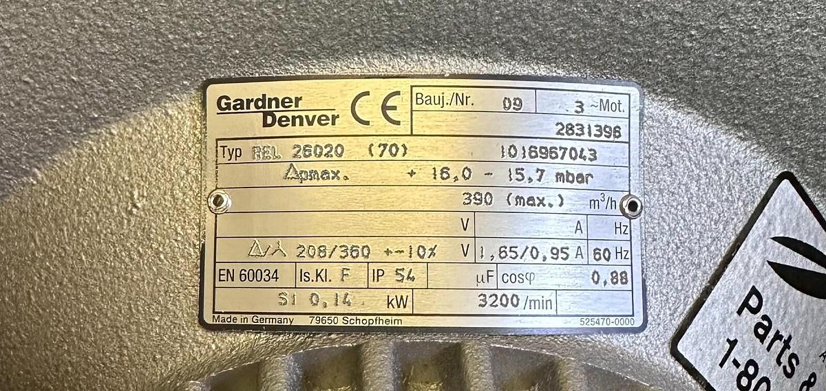 Used NEW GARDNER DENVER REL 26020 (70) VACUUM BLOWER ASSEMBLY 1016967043 2831396 READ