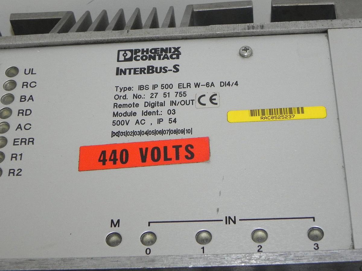 Used PHOENIX CONTACT IBS IP 500 ELR W-6A DI4/4 INTERBUS-S ORD. NO. 2751755 DRIVE