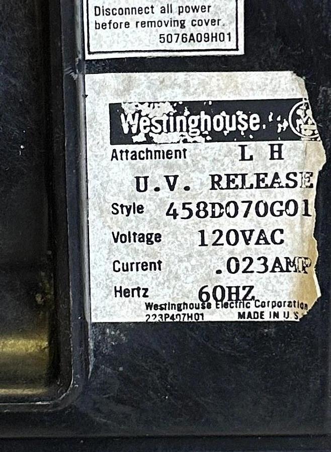Used WESTINGHOUSE LB3400F / 5680D03G08 CIRCUIT BREAKER 3-POLE 400A 600V W/ 458D070G01