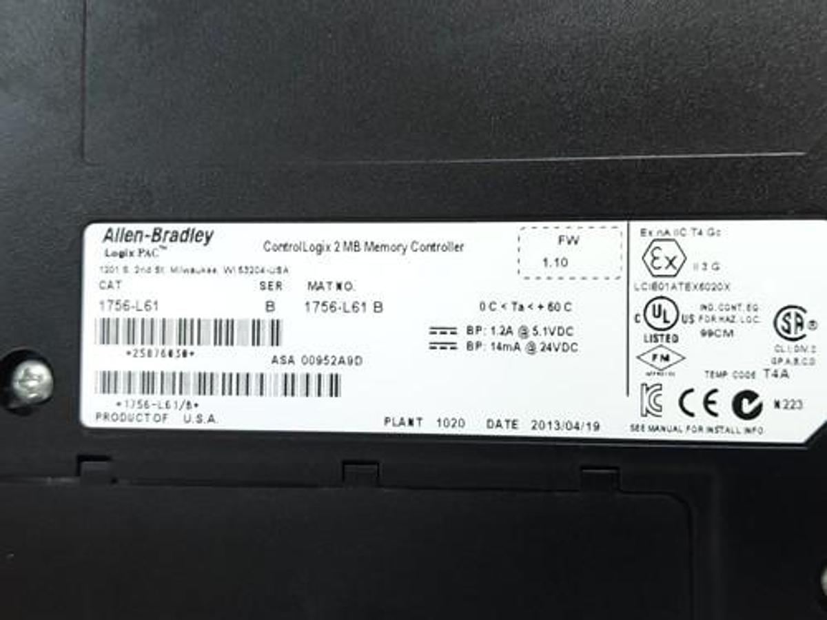 Used ALLEN BRADLEY 1756-L61 SER. B CONTROLLOGIX PROCESSOR F/W REV. 1.10
